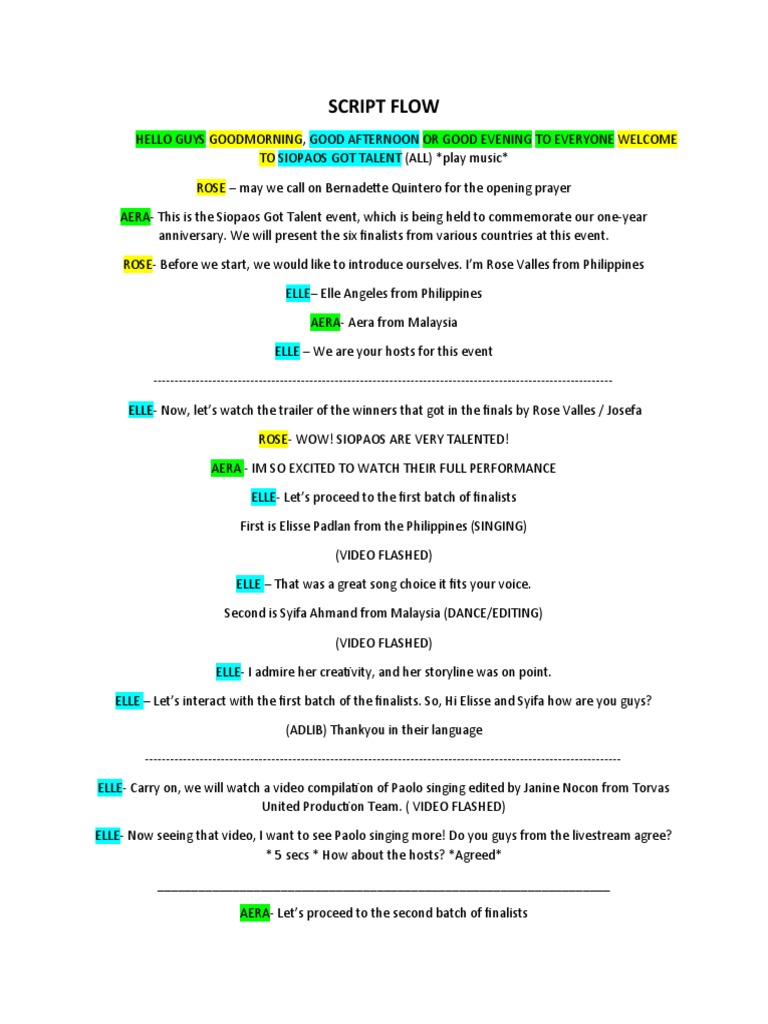 Script Flow - Siopaos Got Talent Team B | PDF