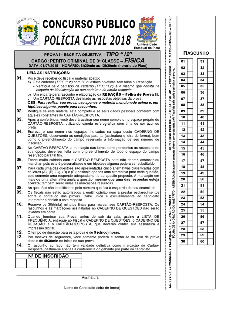 Prova PC-PI 2018: Perito Criminal Física | PDF | Crimes | Crime e Violência