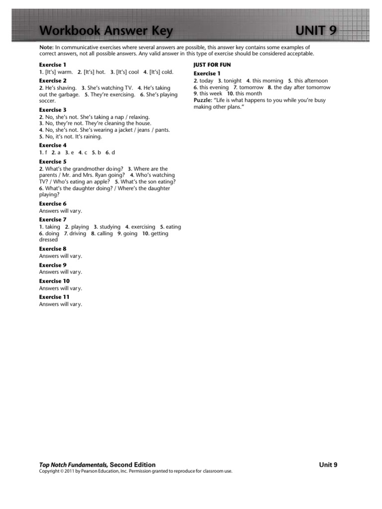 Workbook Answer Key Unit 9: Top Notch Fundamentals | PDF