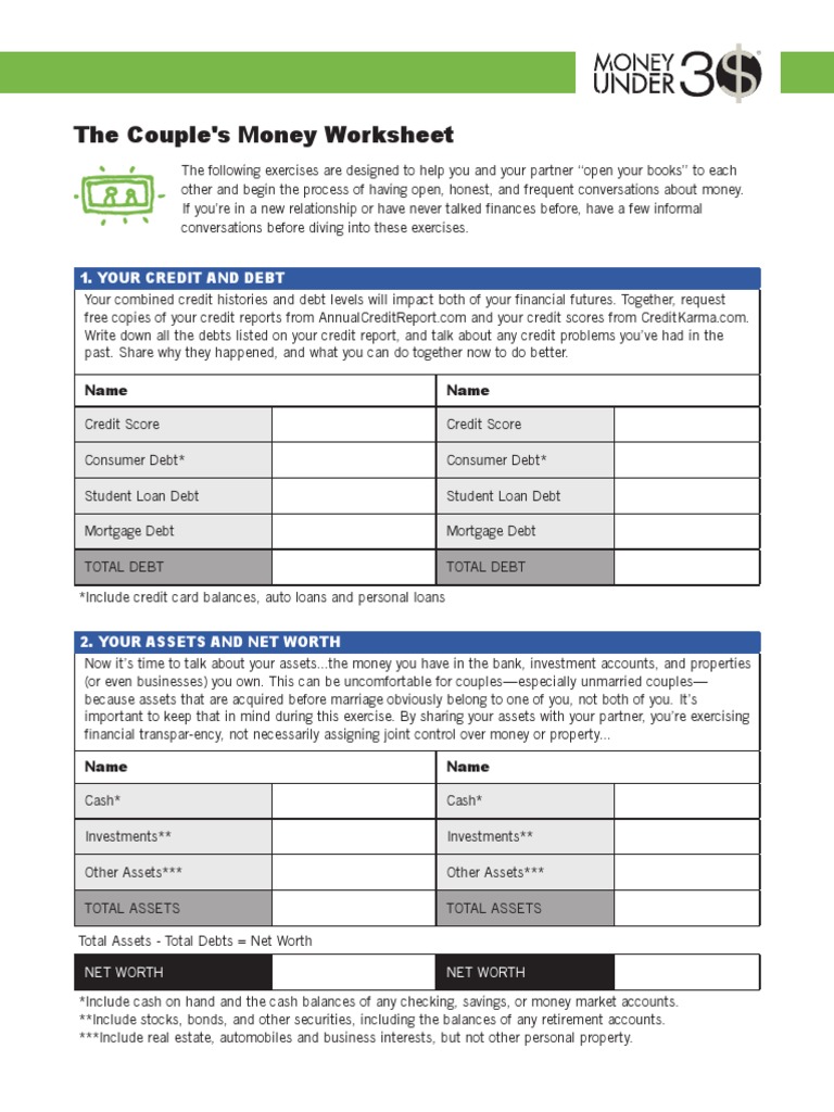 The Couple's Money Worksheet: 1. Your Credit and Debt | PDF | Finance ...