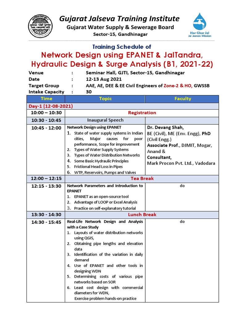 Tentative Schedule Gandhinagar PDF Water Supply Water Supply Network