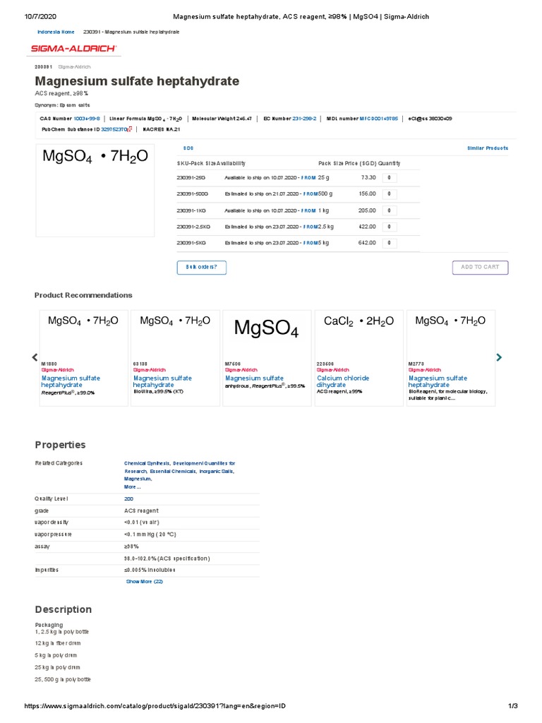 Magnesium Sulfate Heptahydrate, ACS Reagent, 98 MgSO4 Sigma