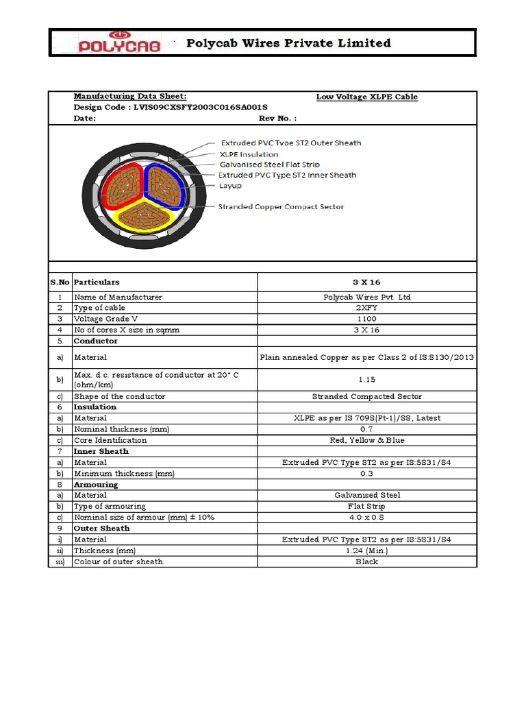 Polycab 16mm 3 Core Copper Armoured Cable Specification Sheet PDF