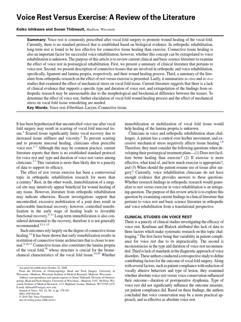 Voice Rest Versus Exercise A Review of The Literature Madison
