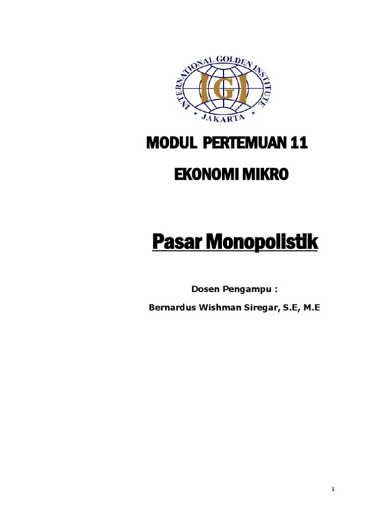 WISHMAN SIREGARMODUL PERTEMUAN 11 PENGANTAR EKONOMI MIKRO RABU 3 JUNI