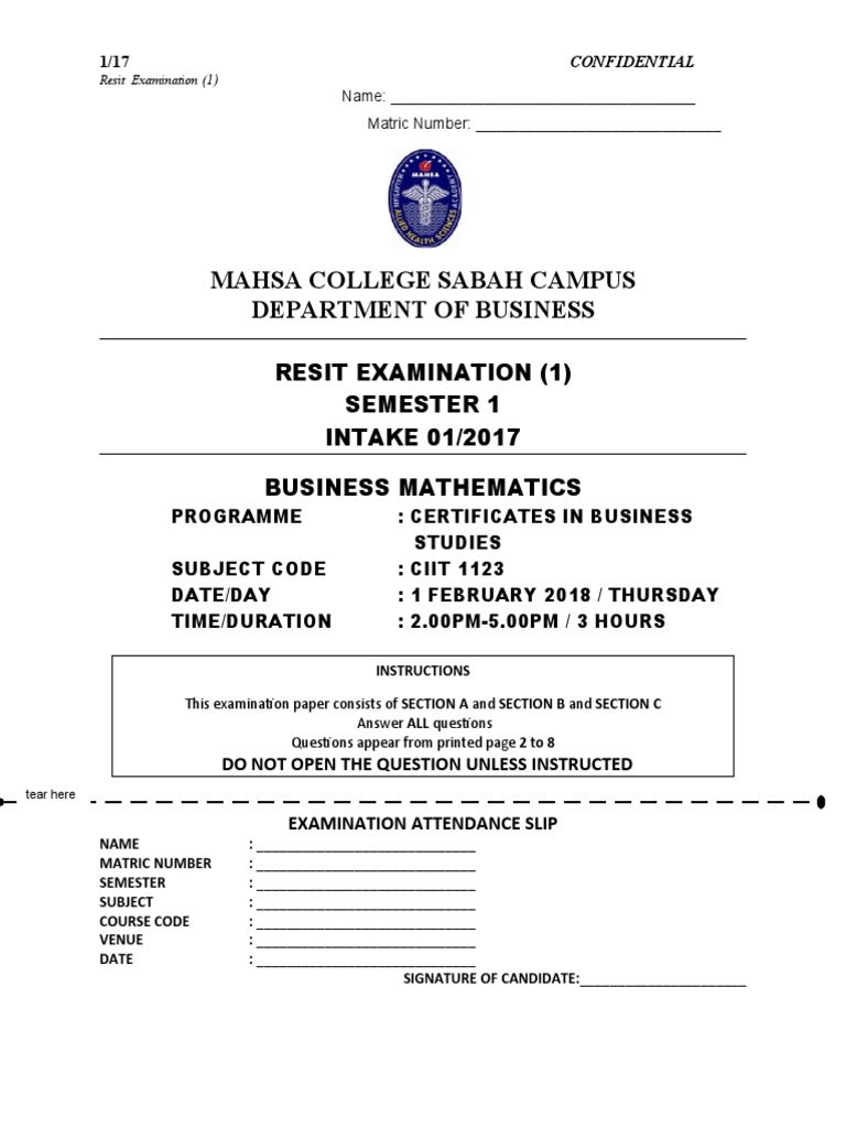Business Mathematics Resit Exam Paper | PDF | Elementary Mathematics ...