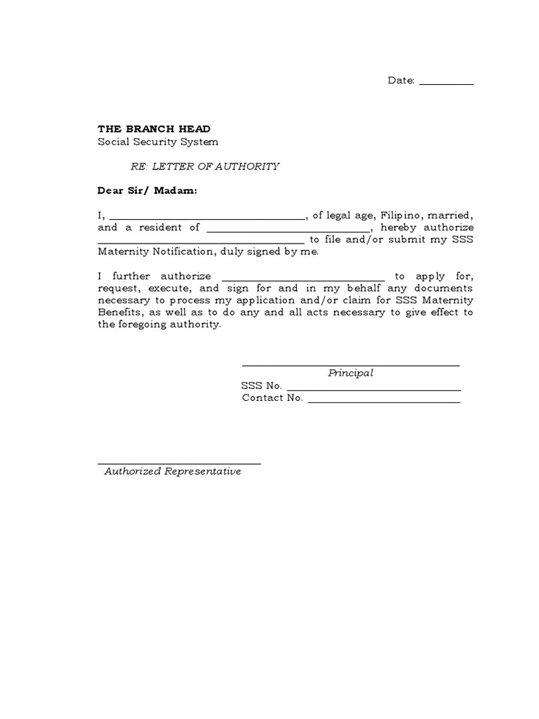 Sss Authorization Letter Draft PDF