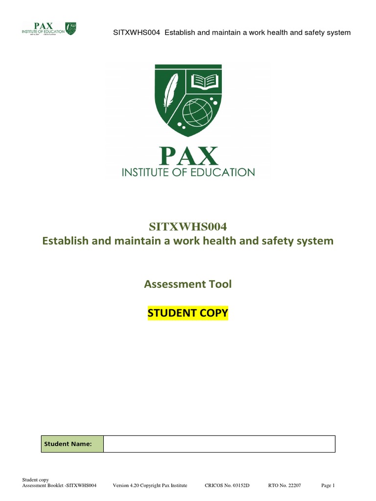 SITXWHS004 Assessment Booklet V4.20 | PDF | Occupational Safety And ...