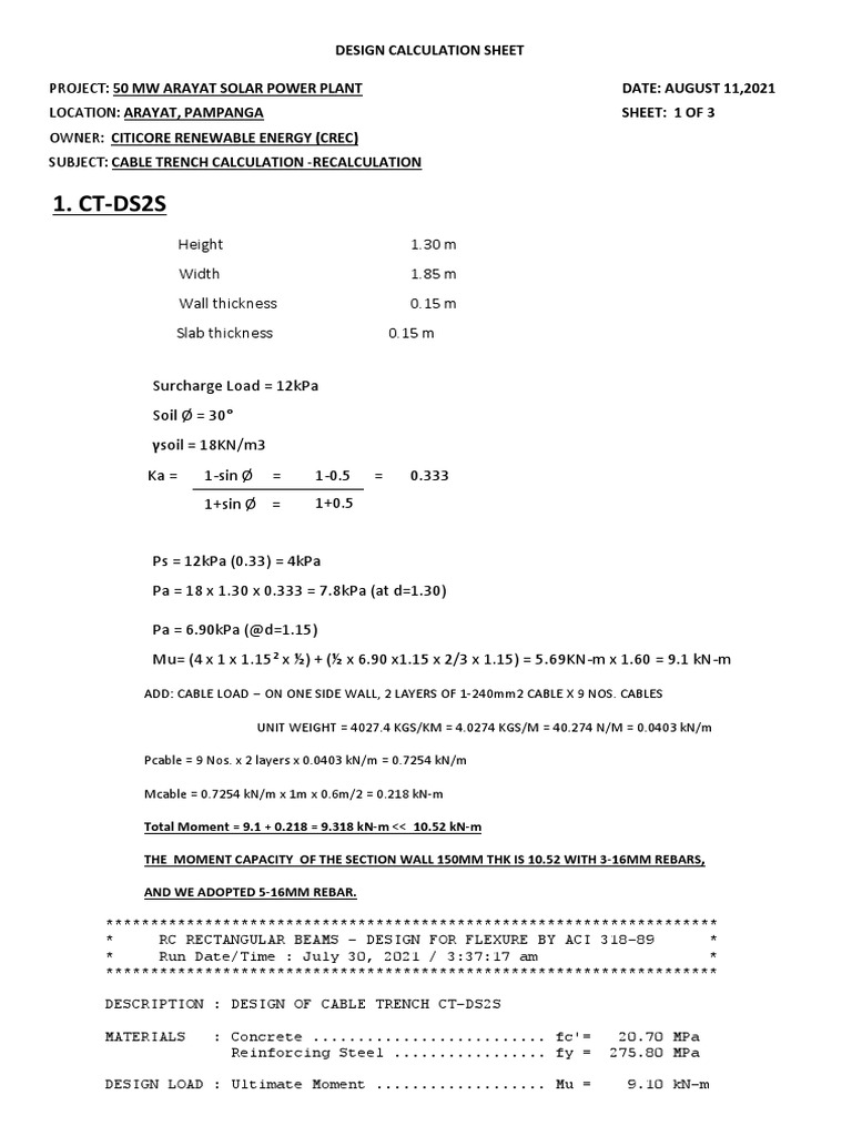 Cable Trench Design Calculations | PDF | Beam (Structure) | Bending