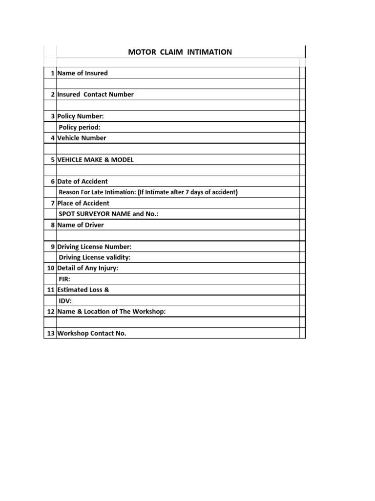 Motor Claim Intimation Reason For Late Intimation (If Intimate After