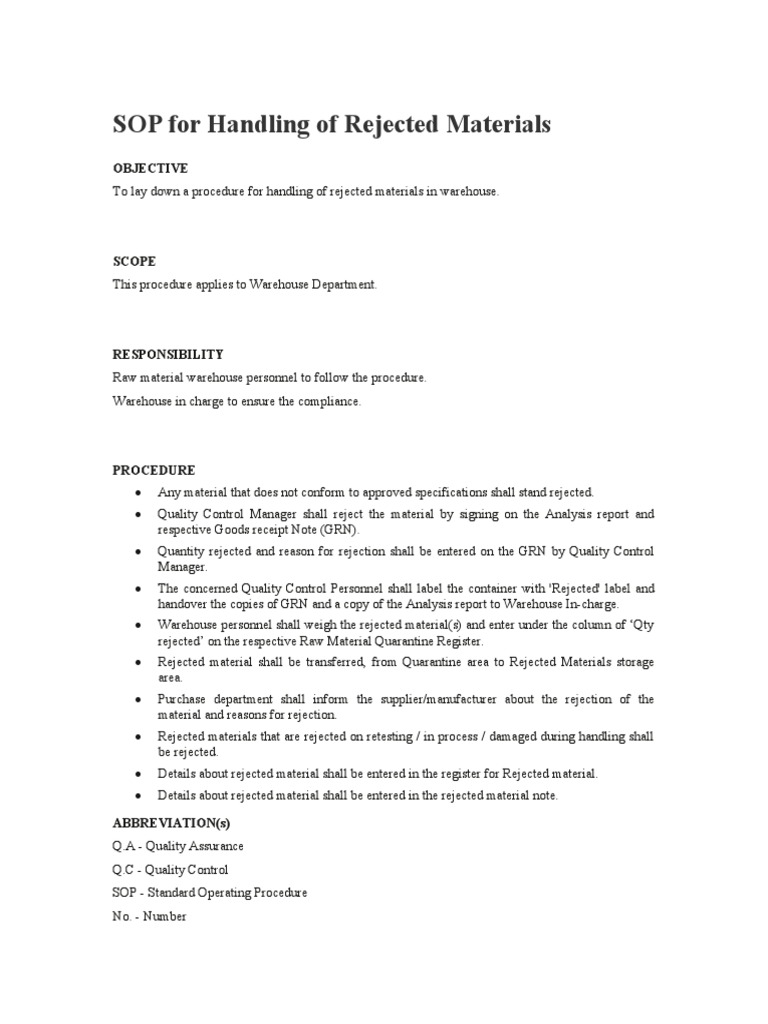 SOP of Handling of Rejected Materials PDF