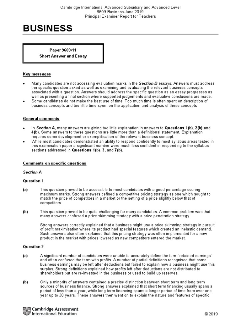 Business Paper 9609/11 Short Answer and Essay PDF Leadership