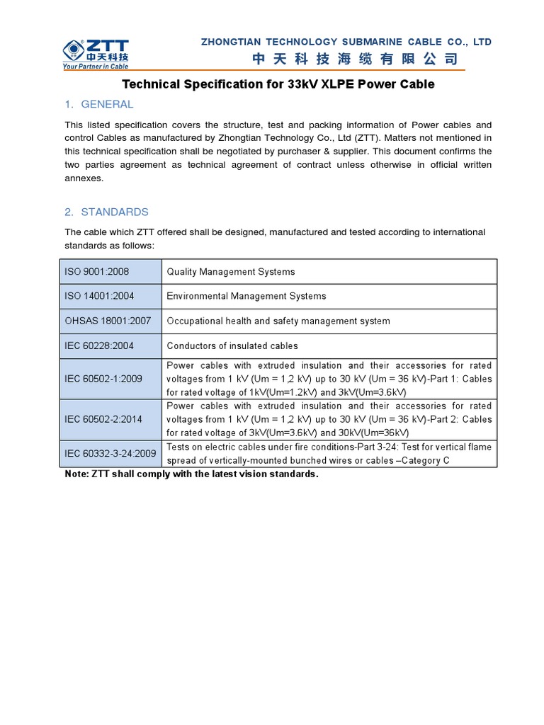 Technical Specification-33KV 1X500 SQ - MM XLPE Cable | PDF | Wire ...