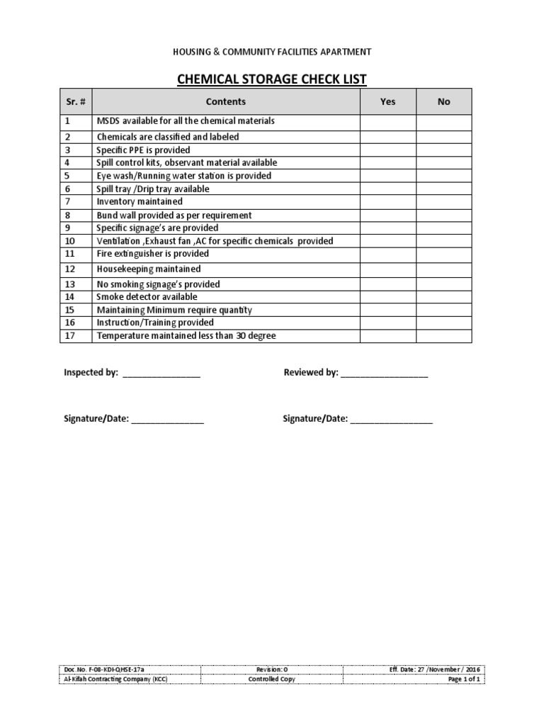 F 08 KDI QHSE 17a Chemical Storage Checklist PDF