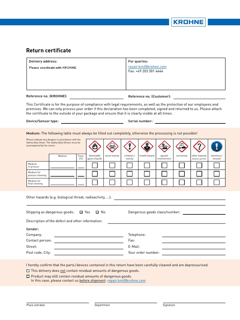Return Certificate Please Coordinate With KROHNE PDF Dangerous