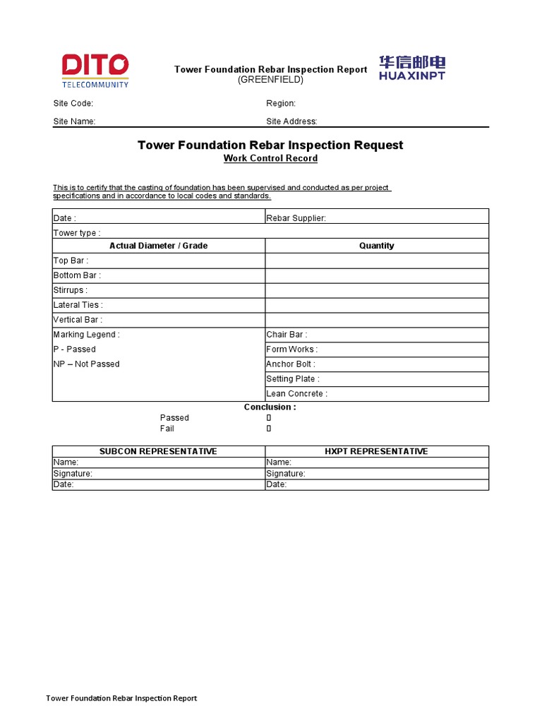 Tower Foundation Rebar Inspection Summary | PDF | Civil Engineering ...