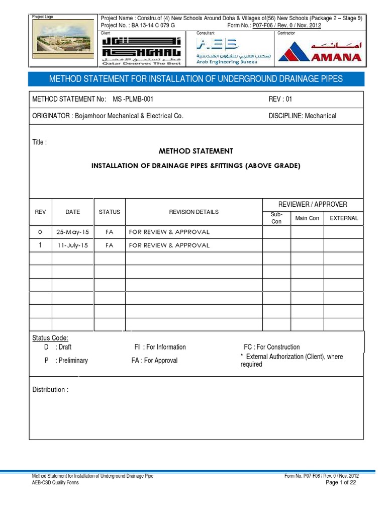 Drainage Pipe Installation Method Statement | PDF | Pipe (Fluid ...