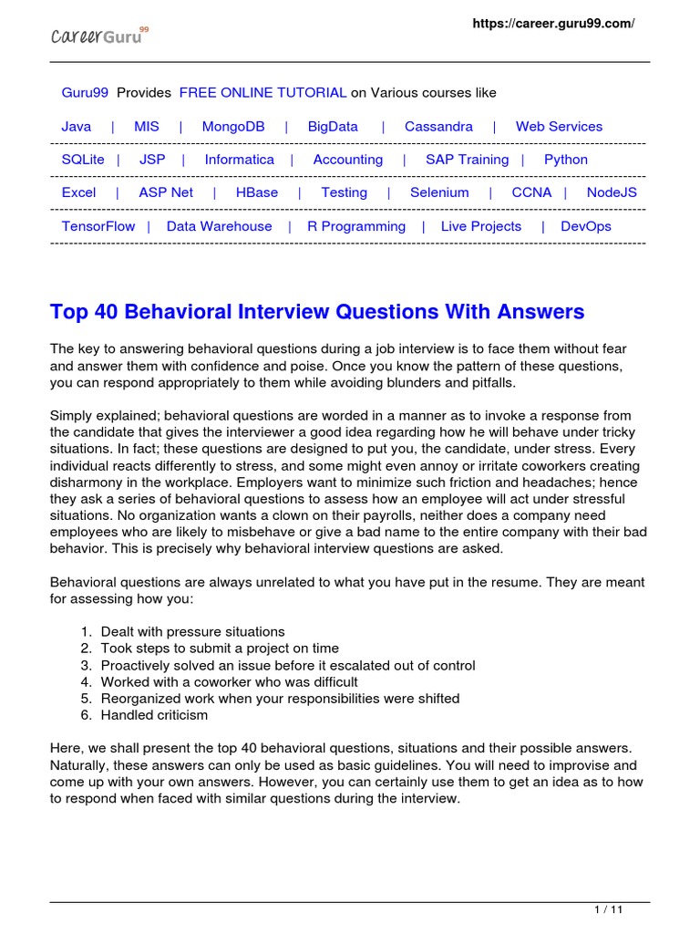 Top 40 Behavioral Interview Questions With Answers | PDF | Emotional ...