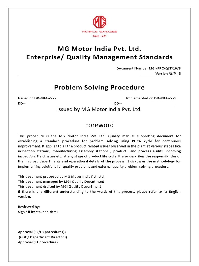 MG Motor Problem Solving Procedure | PDF | Quality Management | Engineering