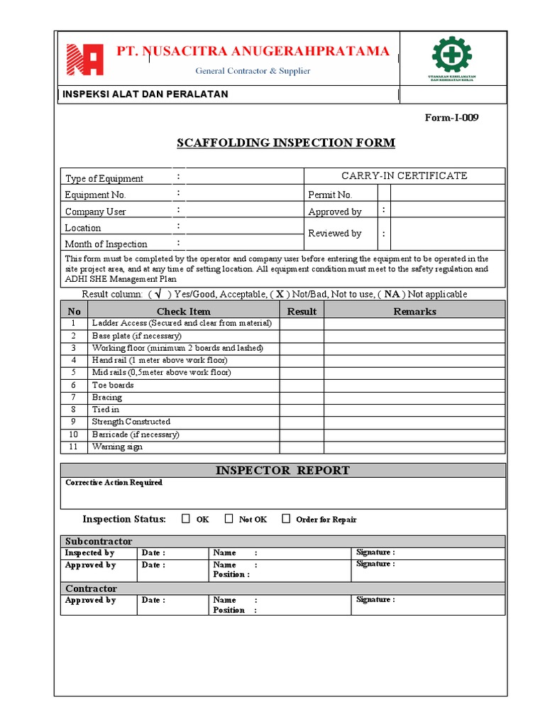 Scaffolding Inspection Checklist Form | PDF