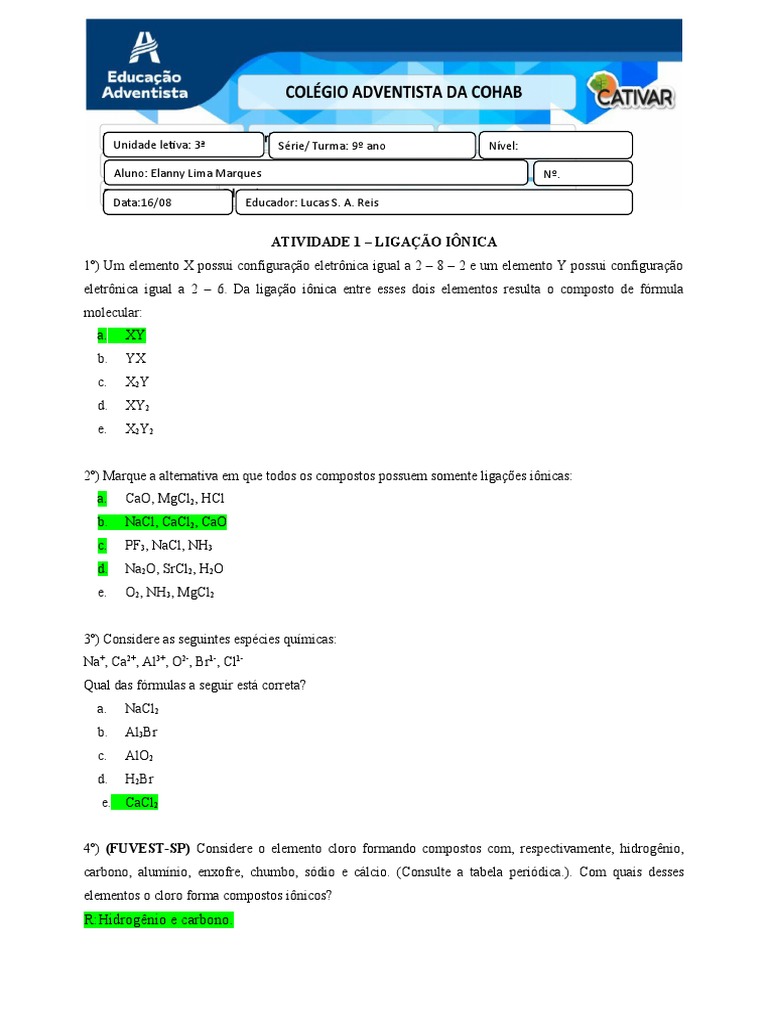 Atividade Ligações Químicas - 9º Ano | PDF | Ligação química ...