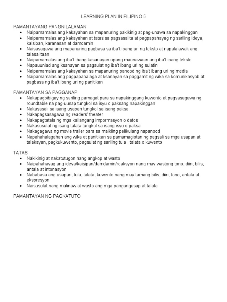 Learning Plan in Filipino 5 | PDF