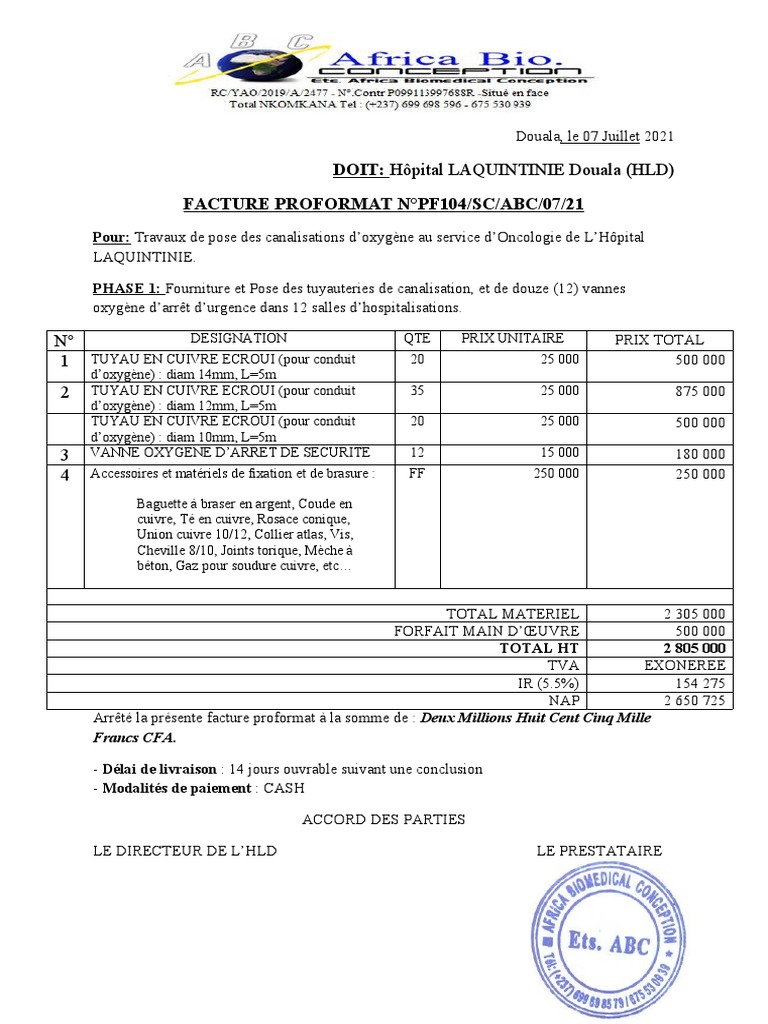 Facture Proformat Hôpital Laquintinie | PDF | Génie des procédés | Chimie