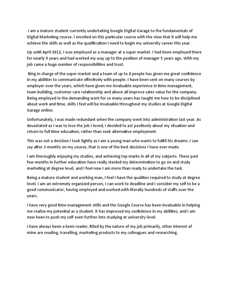 Mature Student Personal Statement PDF Marketing Communication
