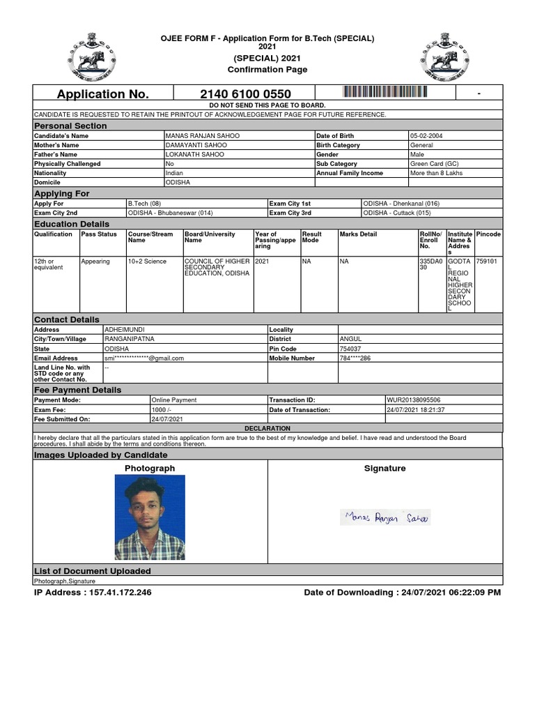 OJEE B.Tech Special Application 2021 | PDF
