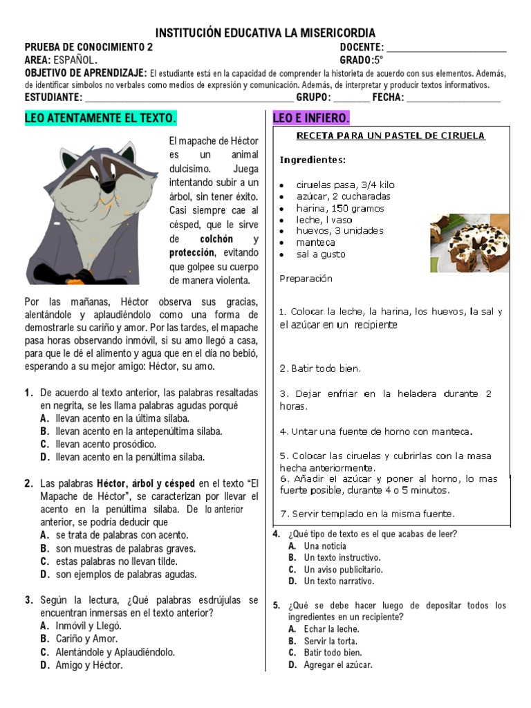 Examen De Espanol Grado 5 2 Pdf Estres Linguistica