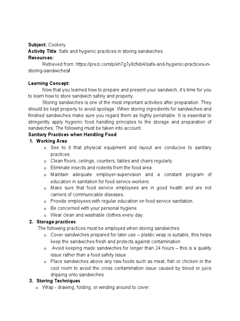 Safe and Hygienic Practices in Storing Sandwiches. | PDF | Foods | Hygiene