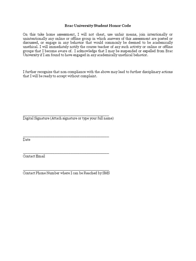Brac University Honor Code Agreement | PDF | Career & Growth
