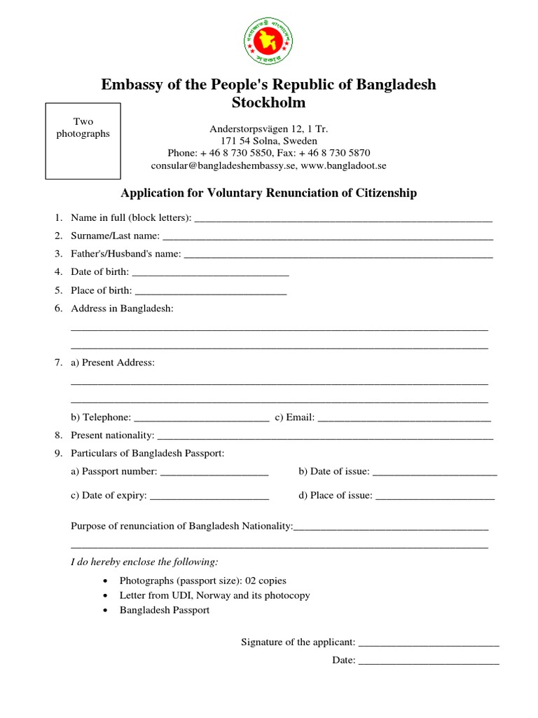 Application For Voluntary Renunciation of Citizenship Sample PDF