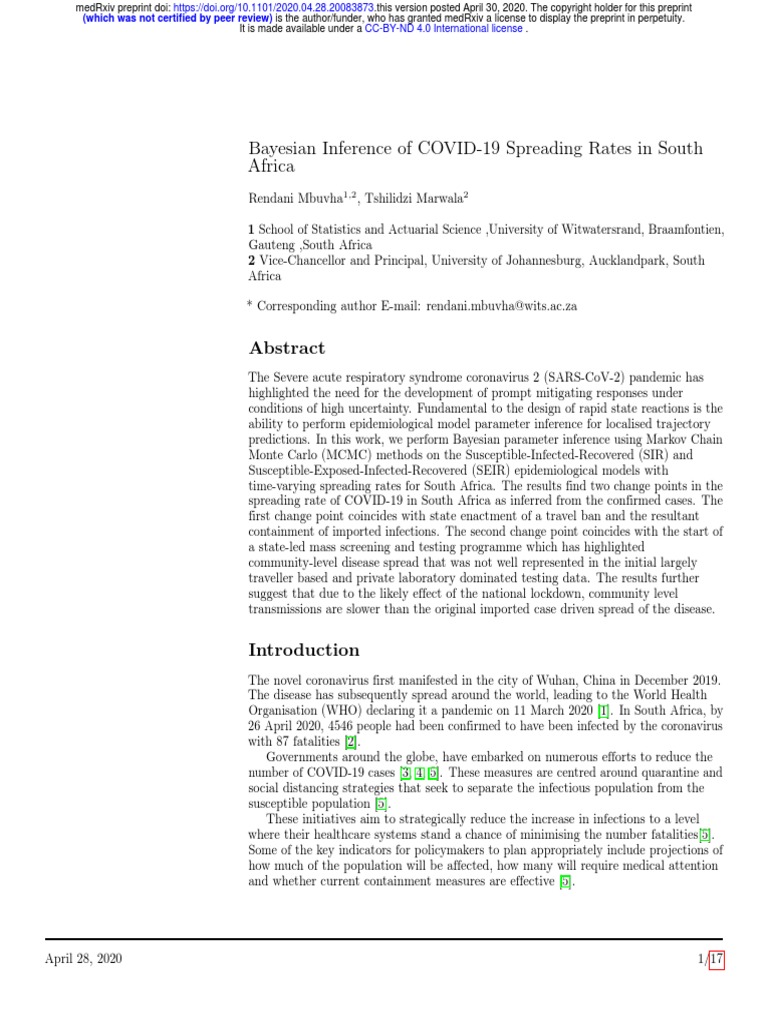Bayesian inference of covid 19 spreading rates in south africa