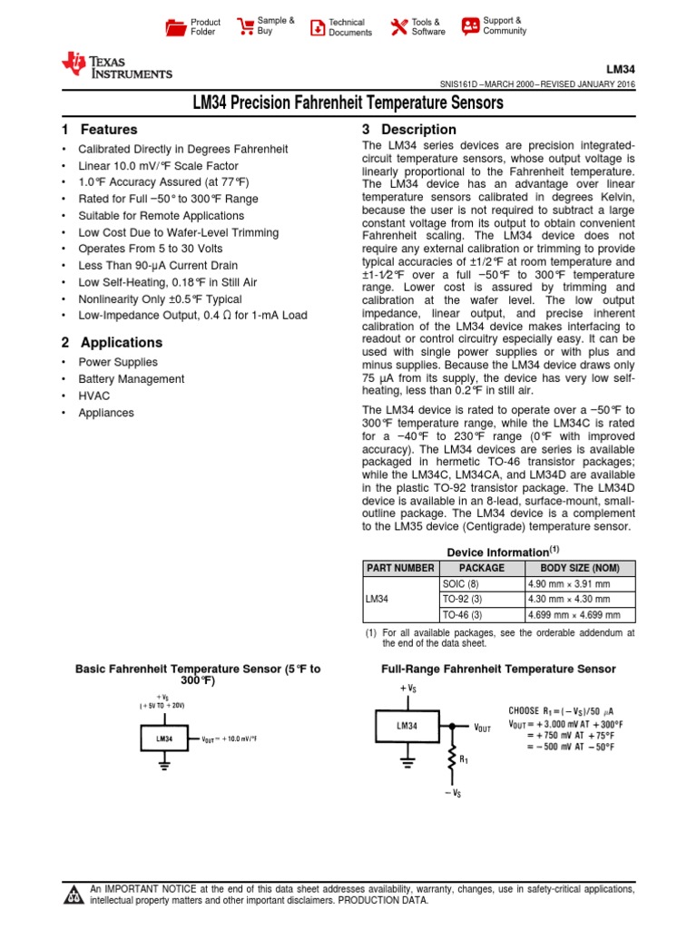 LM34 Precision Fahrenheit Temperature Sensors 1 Features 3 Description
