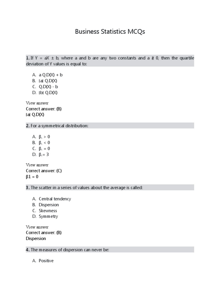 Business Statistics MCQs PDF Skewness Standard Deviation