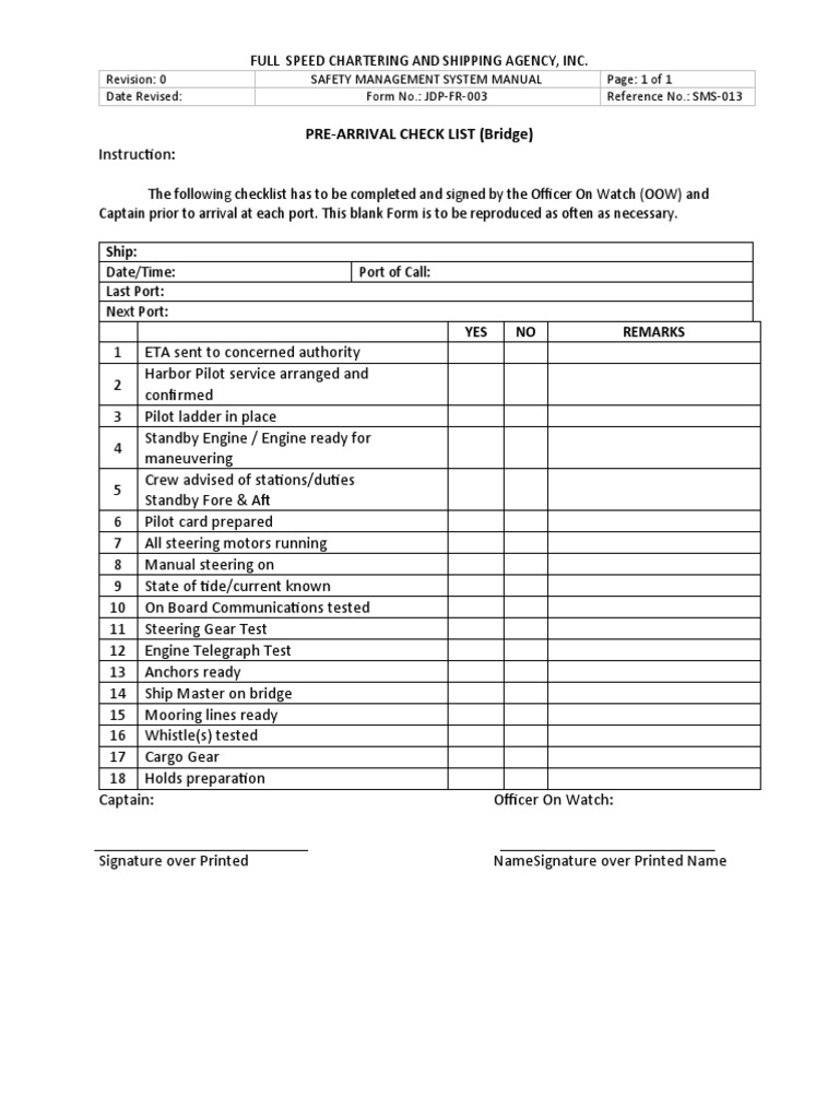 Pre-Arrival Checklist for Ships | PDF