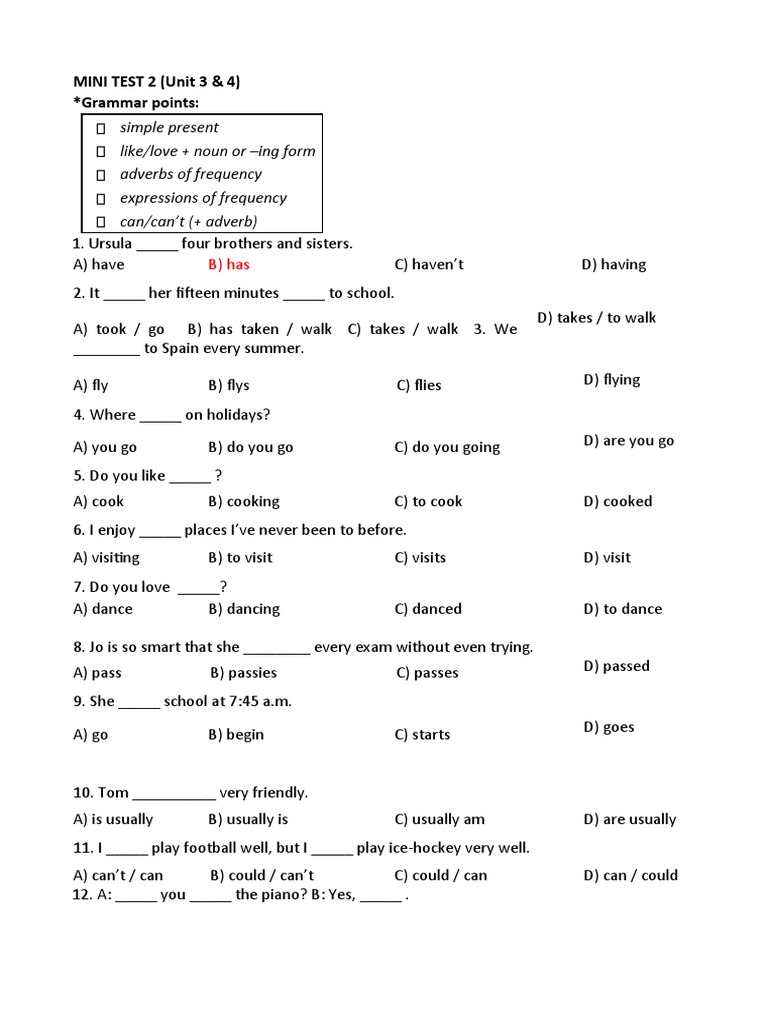 Grammar Mini Test: Simple Present & Can | PDF | Linguistic Typology ...