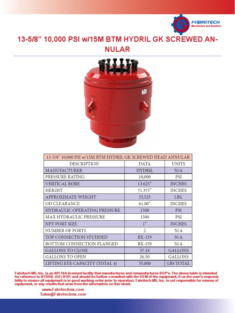 Hydril GK Annular BOP Specifications | PDF
