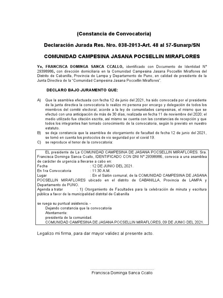 Constancia de Convocatoria y Quorum Modelo PDF