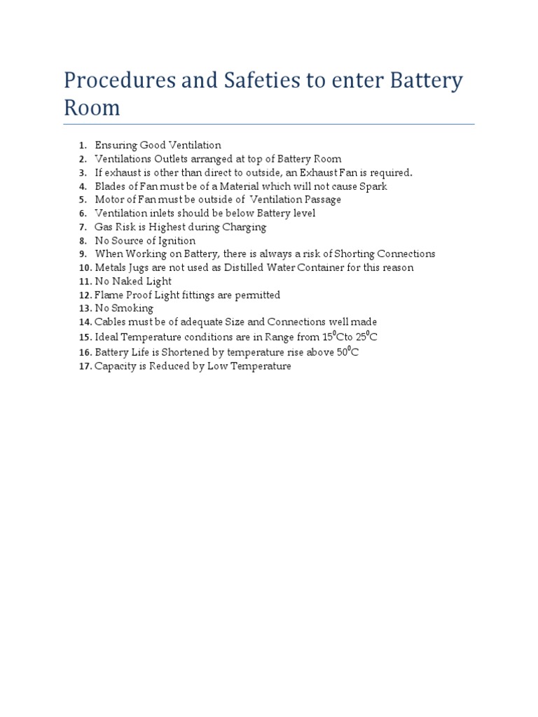 16 Procedures and Safeties To Enter Battery Rooms | PDF