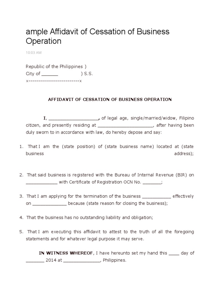Sample Affidavit of Cessation of Business Operation PDF