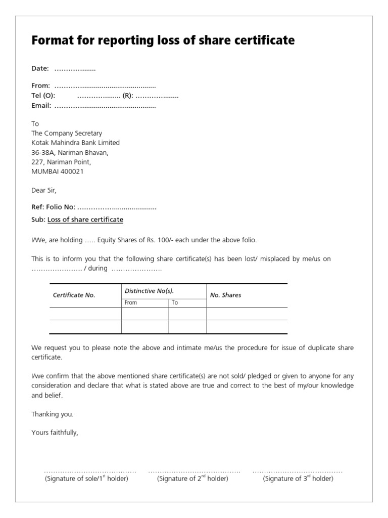 Share Certificate Loss Reporting Format | PDF | Career & Growth ...