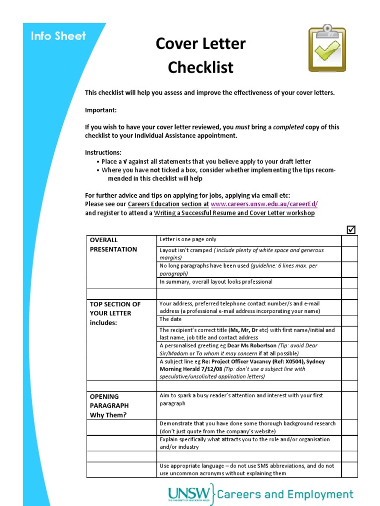 Info Sheet Cover Letter Checklist Acronym Resume