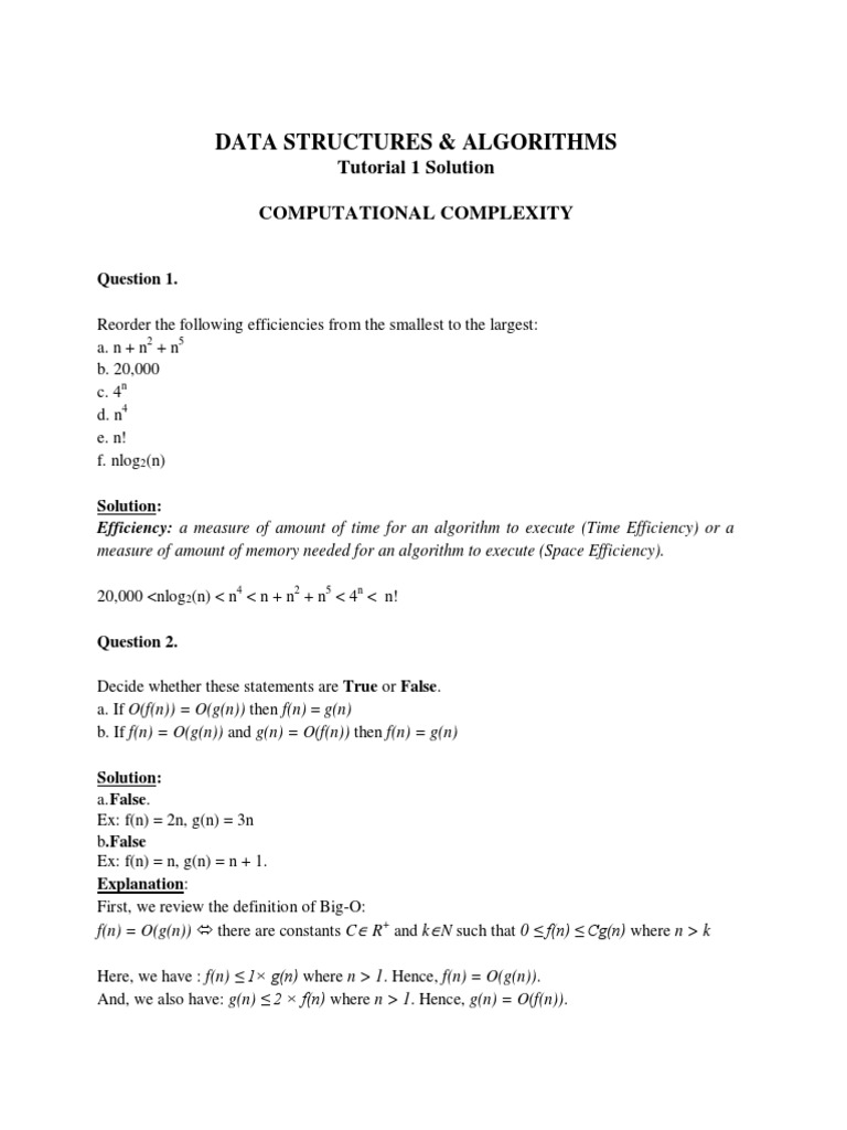 Data Structures & Algorithms: Tutorial 1 Solution Computational ...