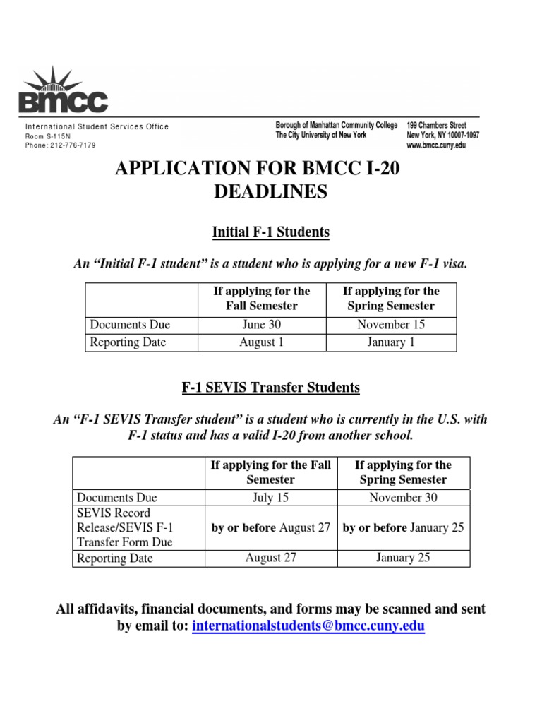 Application For BMCC I20 Deadlines Initial F1 Students PDF