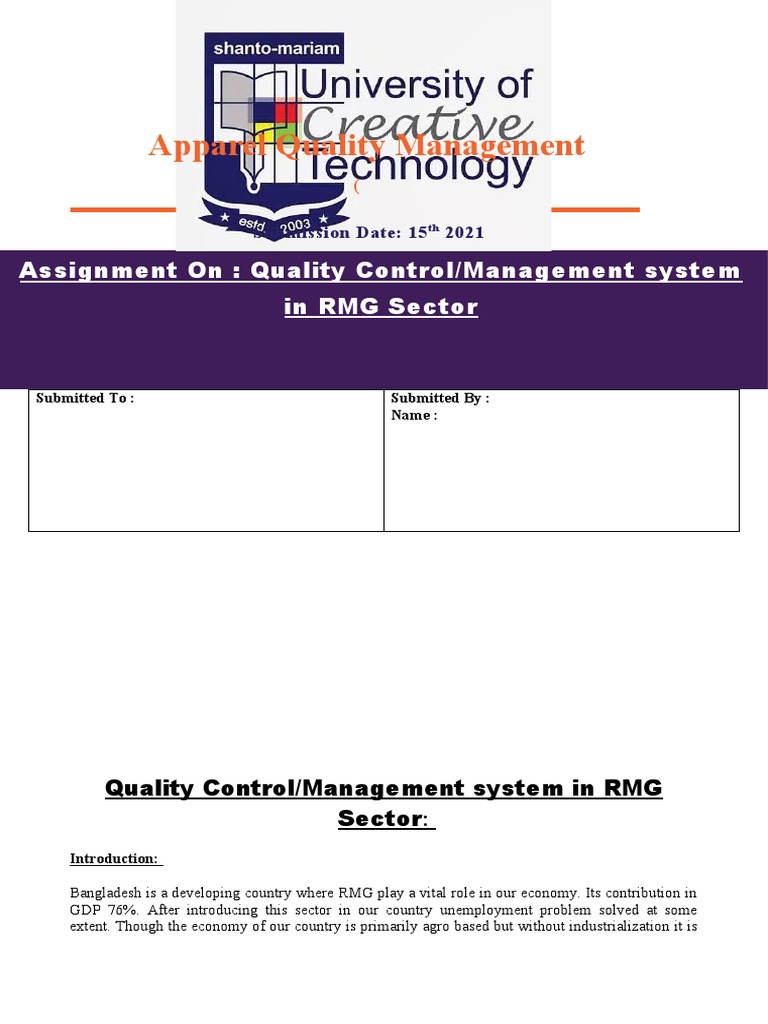 Apparel Quality Management Assignment On Quality Control/Management