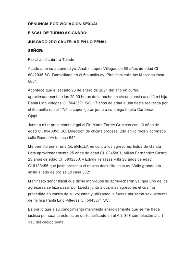DENUNCIA POR VIOLACION Sexual QUERELLA PDF Violación Justicia