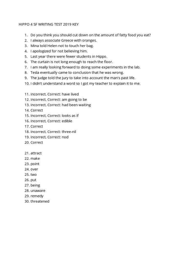 HIPPO 4 Writing Test 2019 Key | PDF