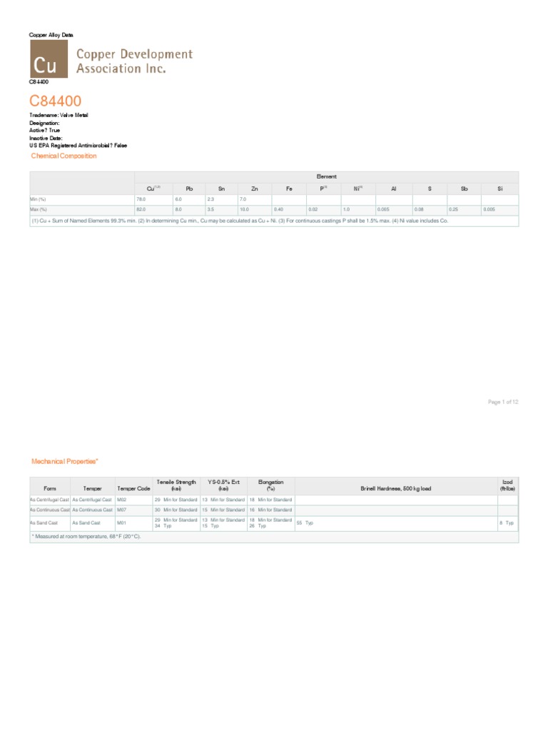 C84400 Copper Alloy Overview | PDF | Pipe (Fluid Conveyance) | Thermal ...